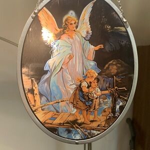 Vintage Glassmasters Guardian Angel with Children on a Bridge suncatcher.